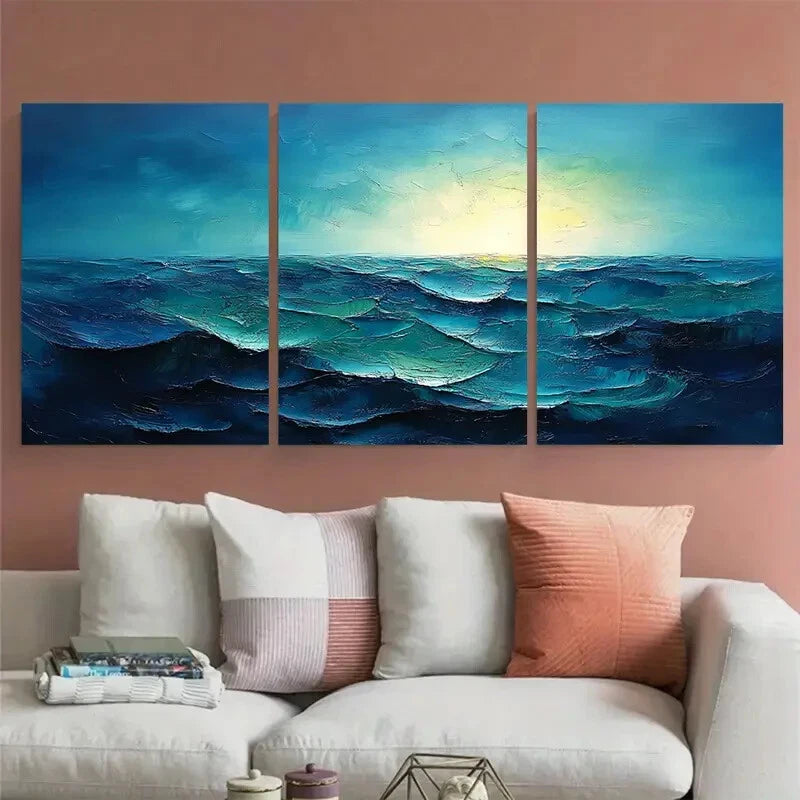 3pcs Vibrant Blue Green Textured Abstract Metal Print Ready to Hang Art - Bella Home Decor