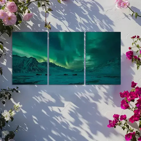 3pcs Northern Lights Over The Mountains Canvas Framed 60x90cm - High Quality Print 100% Australian Made Wall Canvas Ready to Hang