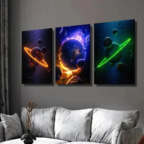 3pcs Abstract Colorful Space Planets Wall Art Set Canvas Unframed - High Quality Print 100% Australian Made Wall Canvas - Bella Home Decor