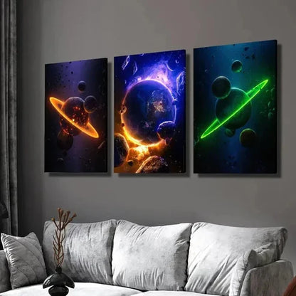 3pcs Abstract Colorful Space Planets Wall Art Set Canvas Unframed - High Quality Print 100% Australian Made Wall Canvas - Bella Home Decor