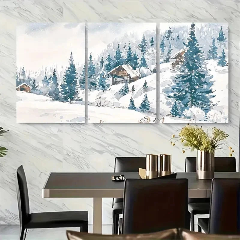 3pcs Snowy Mountain Cabin Scene Metal Print Ready to Hang Art