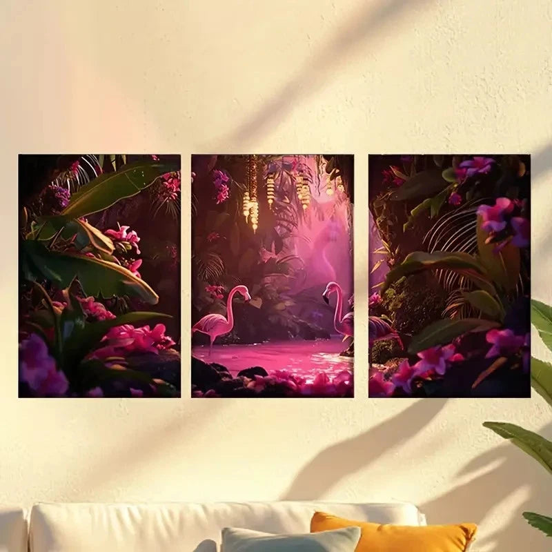 3pcs Scene of Flamings in Jungle Wall Art Set Canvas Framed 60x90cm - High Quality Print 100% Australian Made Wall Canvas Ready to Hang