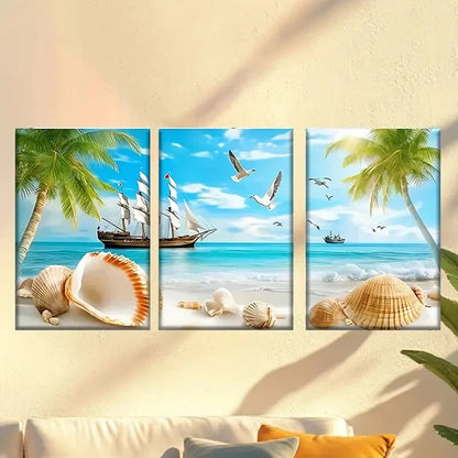 3pcs  beach scene with a sail and shells  Wall Art Set Canvas Framed 50x70cm - High Quality Print 100% Australian Made Wall Canvas Ready to Hang - Bella Home Decor