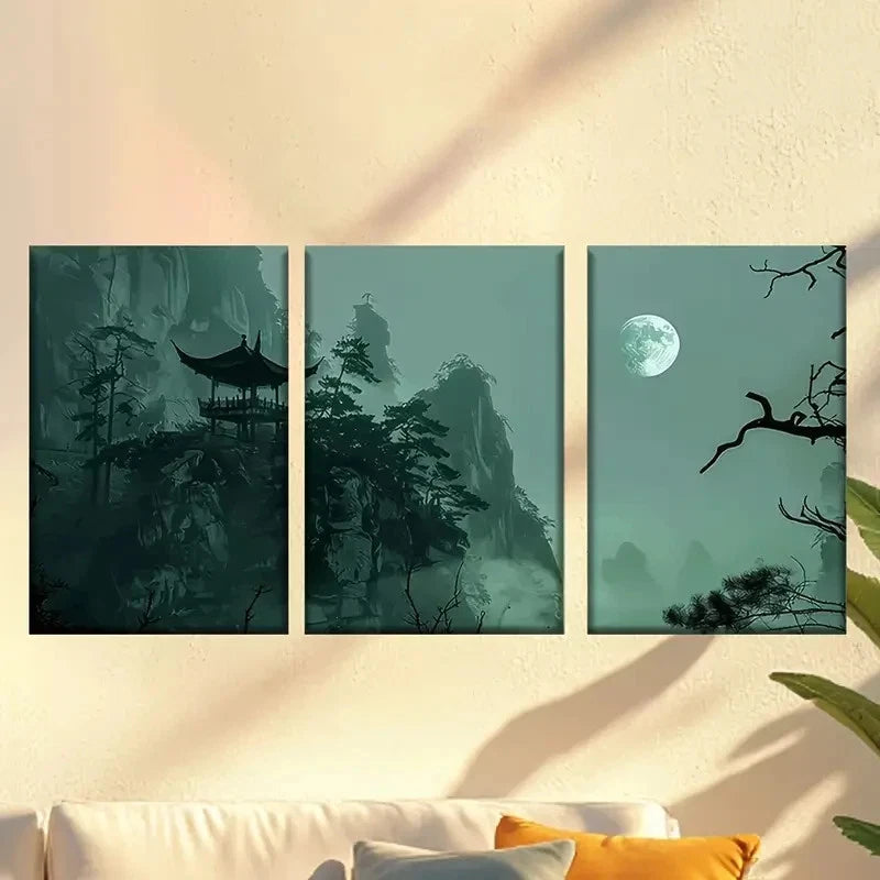 3pcs Chinese Landscape with Moonlit Mountains Wall Art Set Canvas Framed 40x60cm - High Quality Print 100% Australian Made Wall Canvas Ready to Hang - Bella Home Decor
