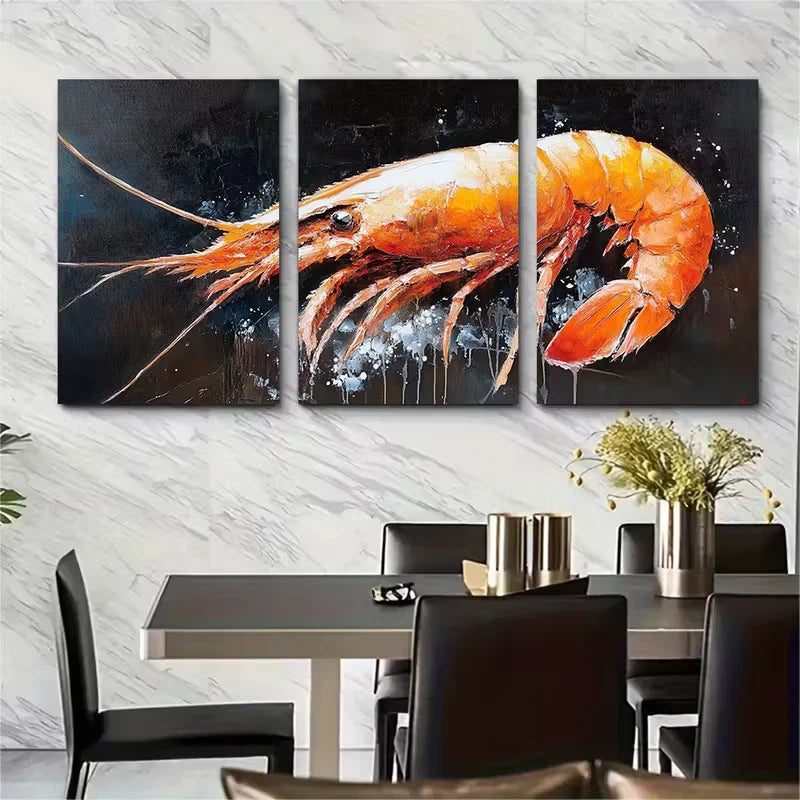 3pcs Shrimp Oil Painting Metal Print Ready to Hang Art