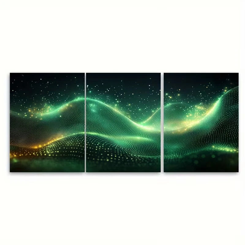 3pcs Abstract Green Toned Glowing Circles Metal Print Ready to Hang Art - Bella Home Decor