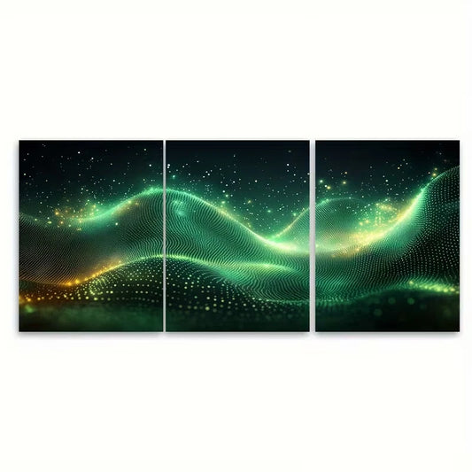 3pcs Abstract Green Toned Glowing Circles Metal Print Ready to Hang Art