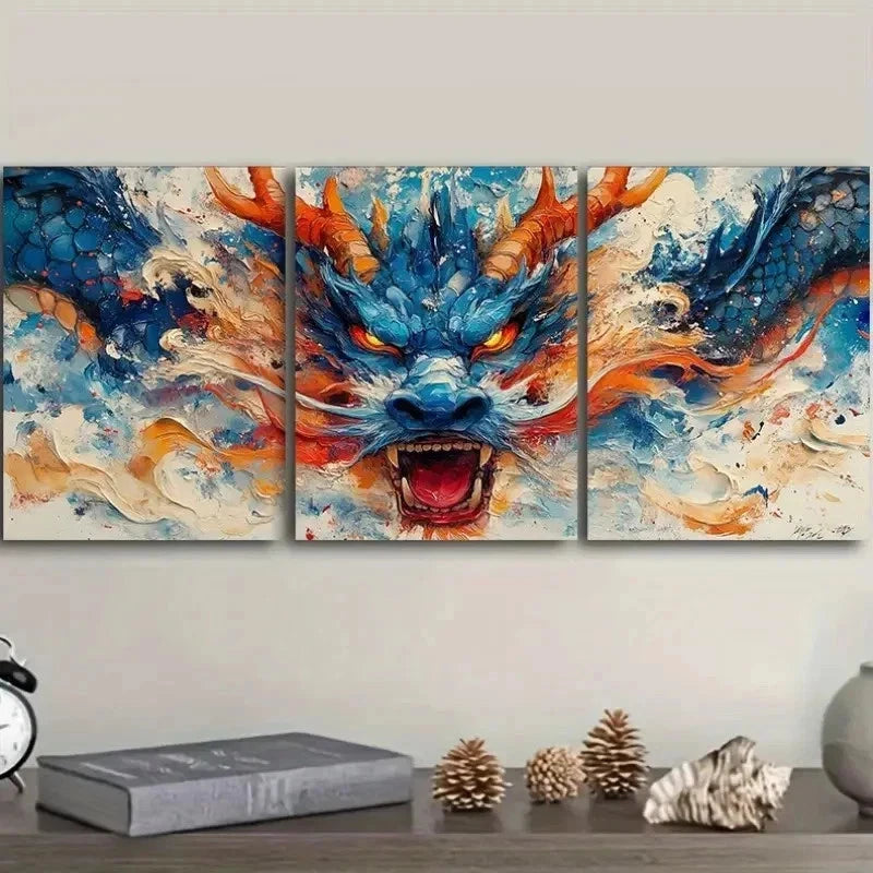 3pcs Dragon Portrait Orientation Wall Art Set Canvas Framed 50x70cm - High Quality Print 100% Australian Made Wall Canvas Ready to Hang - Bella Home Decor