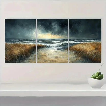 3pcs Abstract Stormy Skies & Ocean Waves Metal Print Ready to Hang Art - Bella Home Decor