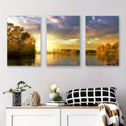 3pcs Autumn Sunset Reflection Scenic Nature Metal Print Ready to Hang Art