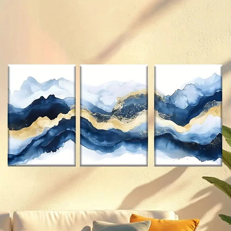 3pcs Painting of a mountain range Golden & blue Wall Art Set Canvas Framed 40x60cm - High Quality Print 100% Australian Made Wall Canvas Ready to Hang