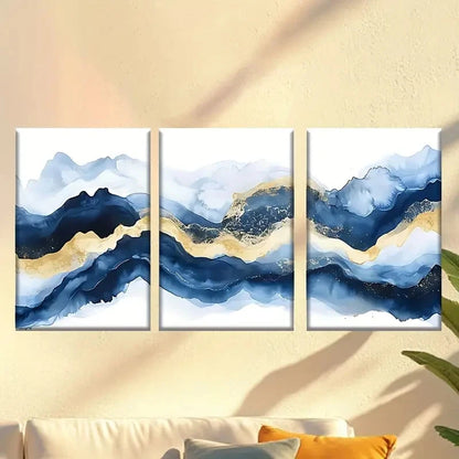 3pcs Painting of a mountain range Golden & blue Wall Art Set Canvas Framed 40x60cm - High Quality Print 100% Australian Made Wall Canvas Ready to Hang