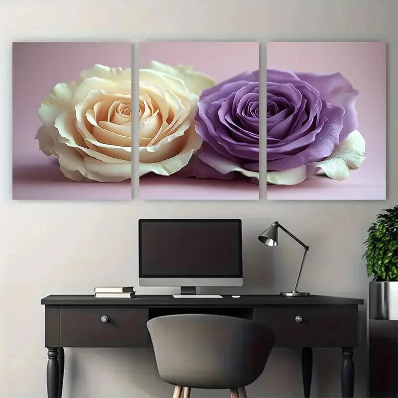 3pcs Blooming Roses White Purple Floral Metal Print Ready to Hang Art - Bella Home Decor
