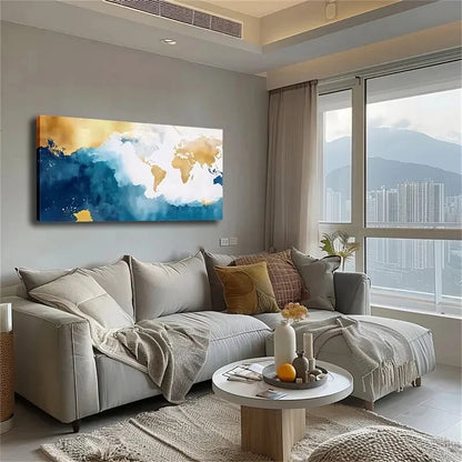 World Map Design Golden Accent Wall Art Canvas Office Home Room Framed 120x60cm - Bella Home Decor