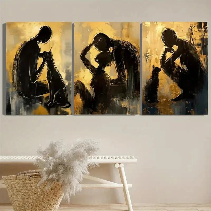 3pcs Abstract People And Animals Under Yellow Metal Print Ready to Hang Art - Bella Home Decor