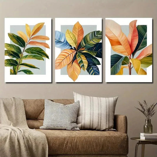 3pcs Modern Botanical Orange Blue Leave Perfect Wall Art Set Canvas Framed 60x90cm - High Quality Print 100% Australian Made Wall Canvas Ready to Hang
