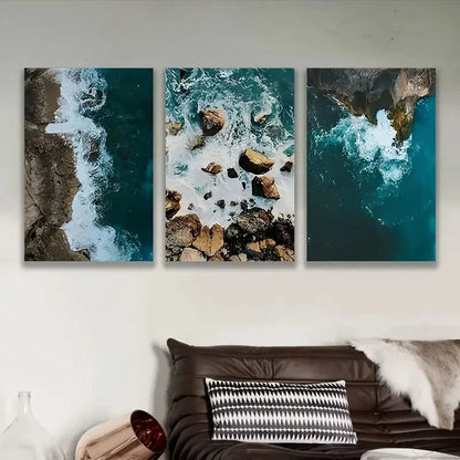3pcs Aerial Ocean Wave & Rocky Shore View Wall Art Set Canvas Framed 50x70cm - High Quality Print 100% Australian Made Wall Canvas Ready to Hang - Bella Home Decor