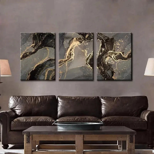 3pcs Abstract Black and Gold Metal Print Ready to Hang Art