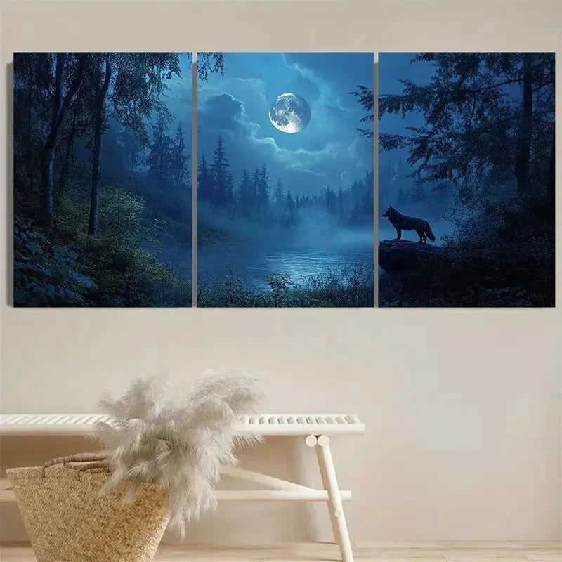 3pcs Nature Scene, Forest Wolf with Full Moon Wall Art Set Canvas Framed 50x70cm - High Quality Print 100% Australian Made Wall Canvas Ready to Hang