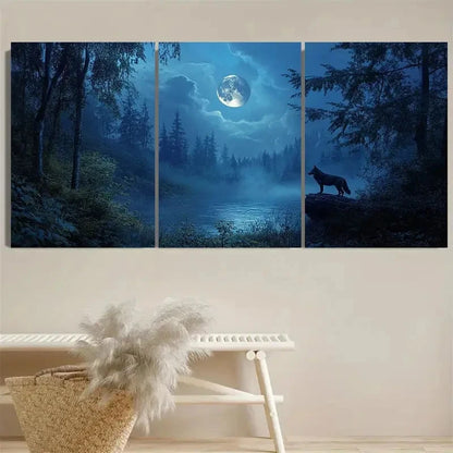 3pcs Nature Scene, Forest Wolf with Full Moon Wall Art Set Canvas Framed 50x70cm - High Quality Print 100% Australian Made Wall Canvas Ready to Hang