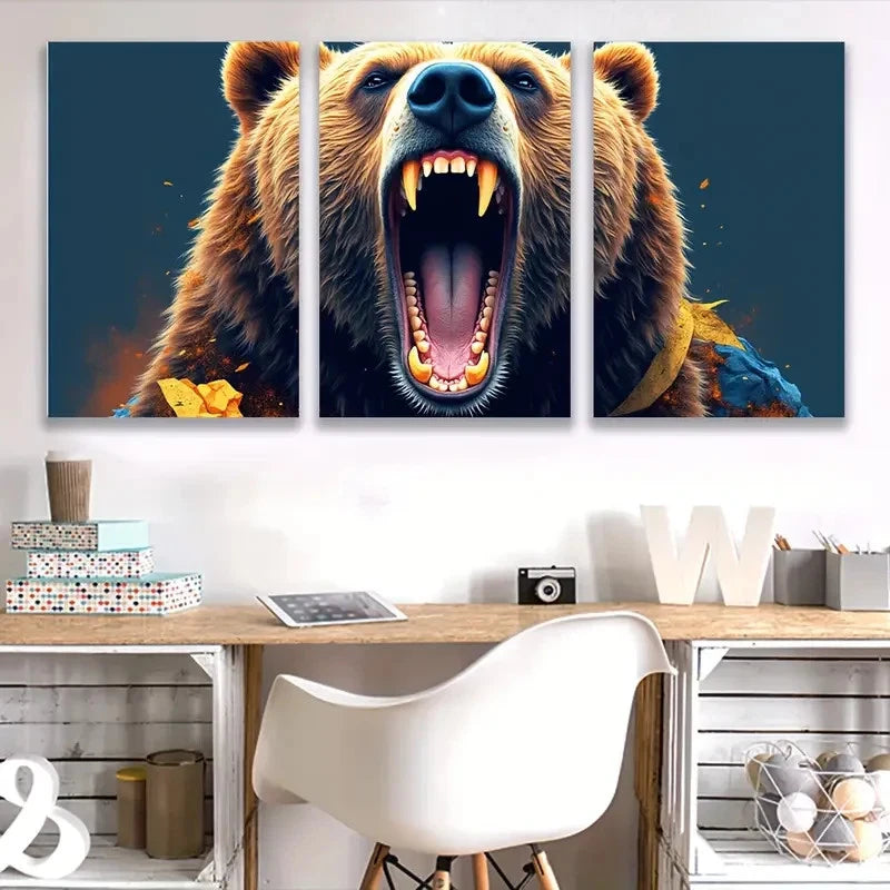3pcs Grizzly Bear's Mouth Painting Wall Art Set Canvas Framed 40x60cm - High Quality Print 100% Australian Made Wall Canvas Ready to Hang - Bella Home Decor