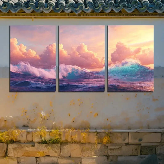 3pcs Vibrant Beautiful Sky and Ocean Waves Metal Print Ready to Hang Art