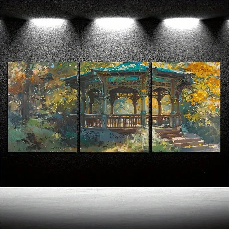 3pcs Vibrant Cottage in Forest Illustration Metal Print Ready to Hang Art - Bella Home Decor