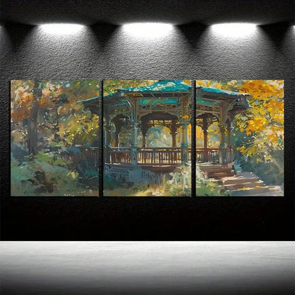 3pcs Vibrant Cottage in Forest Illustration Metal Print Ready to Hang Art - Bella Home Decor