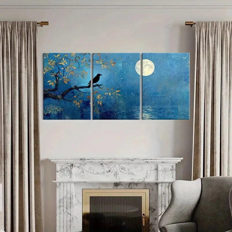 3pcs Moonlit Night Silhouette Crow Tree Branches Metal Print Ready to Hang Art - Bella Home Decor