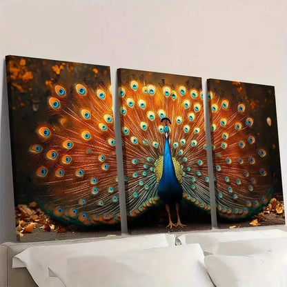 3pcs Vibrant Blue & Golden Peacock Feather R  Wall Art Set Canvas Framed 50x70cm - High Quality Print 100% Australian Made Wall Canvas Ready to Hang