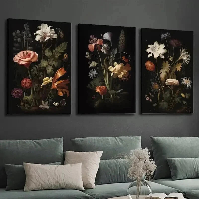 3pcs Dark Botanical Gallery Decor Wall Art Set Canvas Framed 60x90cm - High Quality Print 100% Australian Made Wall Canvas Ready to Hang