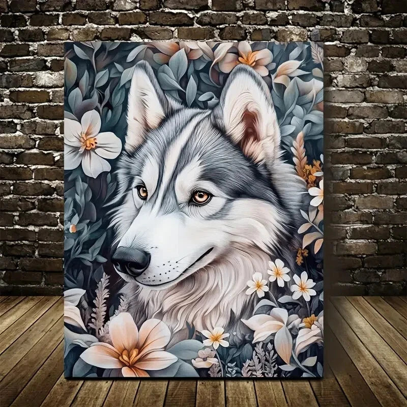 Flowers And Plants Cute Siberian Husky Dog Painting 40x60cm Metal Print Ready to Hang - Bella Home Decor