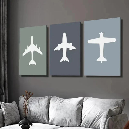 3pcs Airplane Color Filled Aviation Decor Wall Art Set Canvas Framed 40x60cm - High Quality Print 100% Australian Made Wall Canvas Ready to Hang