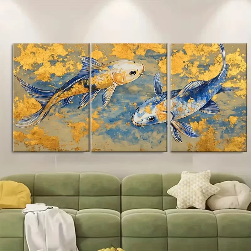 3pcs ,Blue And Golden Koi Fish Painting Metal Print Ready to Hang Art - Bella Home Decor