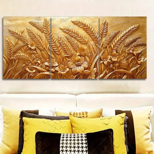 3pcs Featuring Ears of Wheat And Flowers Metal Print Ready to Hang Art