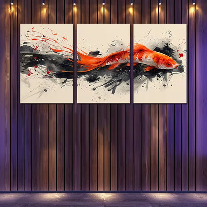 3pcs Koi Fish in Black & Orange Ink Splashes Wall Art Set Canvas Framed 60x90cm - High Quality Print 100% Australian Made Wall Canvas Ready to Hang