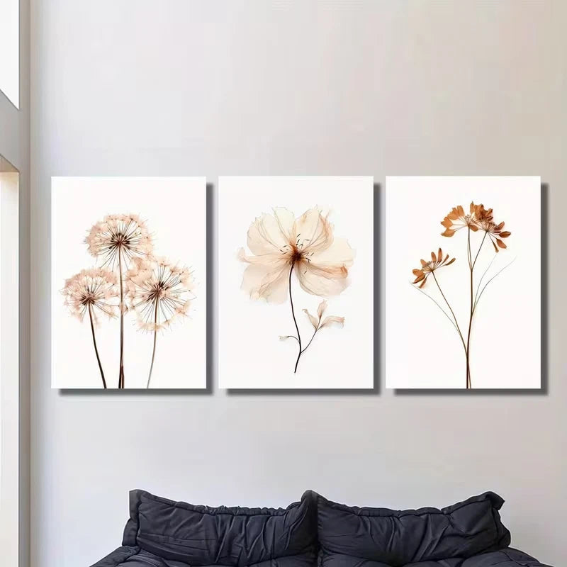 3pcs Beige, Brown, White Neutral Wildflower Metal Print Ready to Hang Art