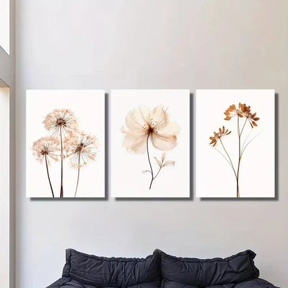 3pcs Beige, Brown, White Neutral Wildflower Metal Print Ready to Hang Art
