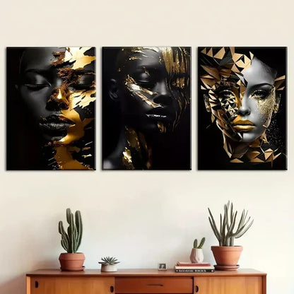 3pcs Abstract Golden Decoration of African Women Wall Art Canvas Unframed - High Quality Print 100% Australian Made Wall Canvas - Bella Home Decor
