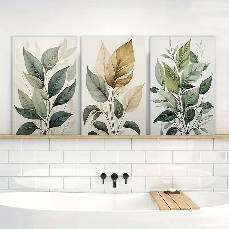 3pcs Abstract Watercolor Leaf Prints in Green Metal Print Ready to Hang Art - Bella Home Decor