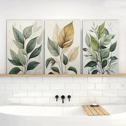 3pcs Abstract Watercolor Leaf Prints in Green Metal Print Ready to Hang Art - Bella Home Decor