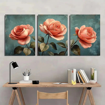 3pcs e Rose Botanical Floral Horizontal Art Metal Print Ready to Hang Art - Bella Home Decor
