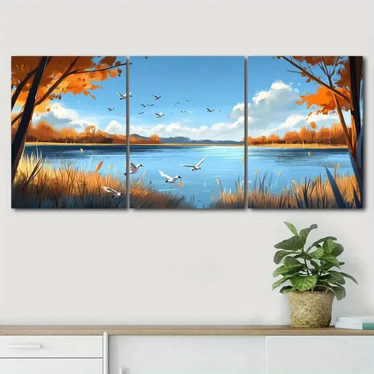 3pcs Peaceful Autumn Scenery Blue Sky Perfect Wall Art Set Canvas Framed 40x60cm - High Quality Print 100% Australian Made Wall Canvas Ready to Hang
