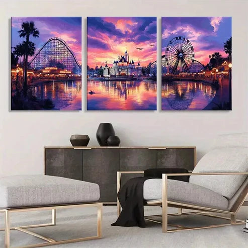 3pcs Theme Park Sunset Triptych Vibrant Perfect  Wall Art Set Canvas Unframed - High Quality Print 100% Australian Made Wall Canvas - Bella Home Decor