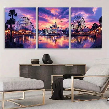 3pcs Theme Park Sunset Triptych Vibrant Perfect  Wall Art Set Canvas Unframed - High Quality Print 100% Australian Made Wall Canvas - Bella Home Decor