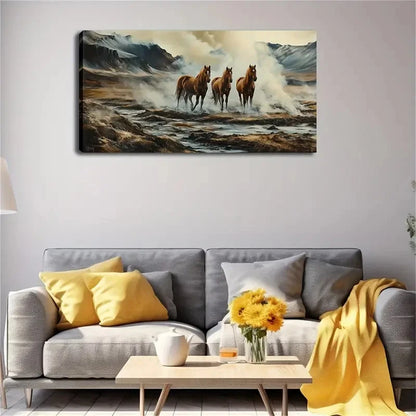 Realistic Horses In Mountain Wall Art canvas office home room framed 120x60cm - Bella Home Decor
