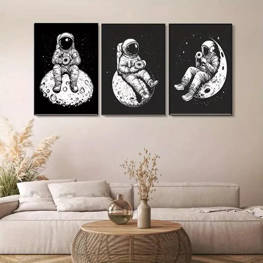3pcs Astronaut on Moon in black and white Wall Art Set Canvas Framed 40x60cm - High Quality Print 100% Australian Made Wall Canvas Ready to Hang