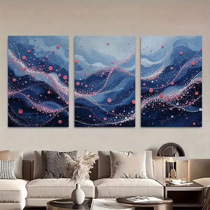 3pcs Modern Blue & Pink Flowing Dots Metal Print Ready to Hang Art