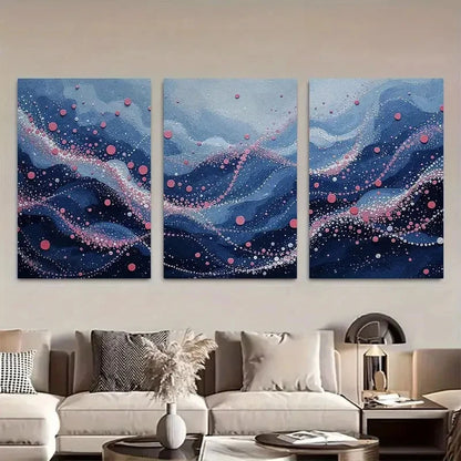 3pcs Modern Blue & Pink Flowing Dots Metal Print Ready to Hang Art