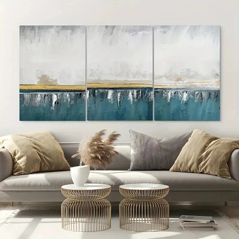 3pcs Modern Abstract Blue and White Metal Print Ready to Hang Art - Bella Home Decor